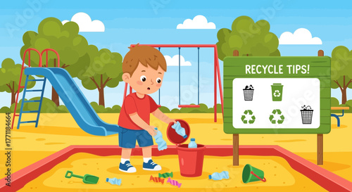 Promoting environmental awareness a young boy recycling in a vibrant playground