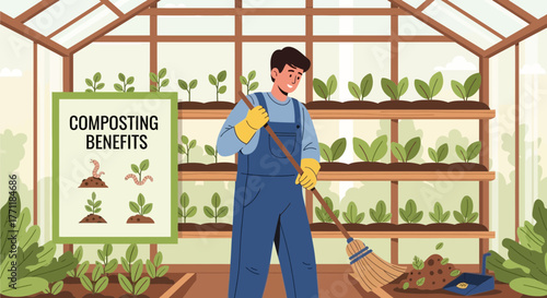 Man tending his indoor greenhouse and illustrating composting benefits process