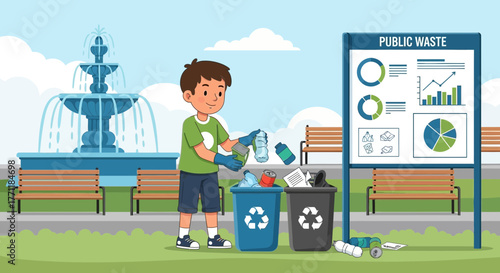 Promoting Environmental Responsibility: A Boy Recycling in the Park Illustration