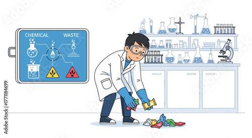 Cartoon scientist handling chemical waste in a laboratory illustration