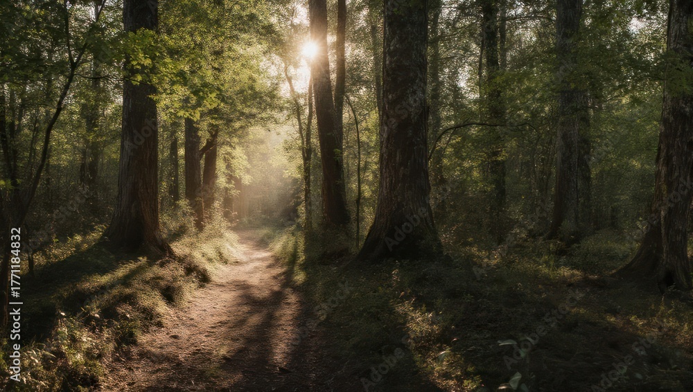 Fototapeta premium Sunlight streams down a forest trail