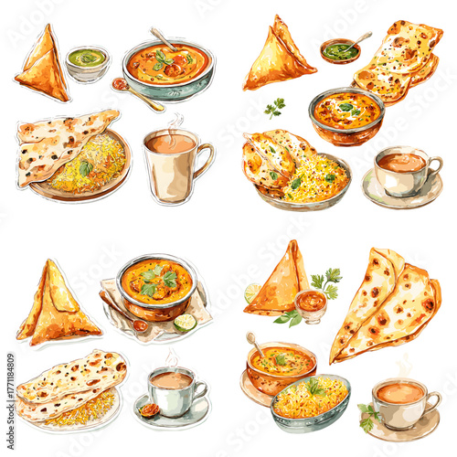 Watercolor illustration of traditional Indian food including samosa, naan, curry, and chai tea. Hand-drawn artistic style perfect for restaurant menu design, culinary art, or food packaging.