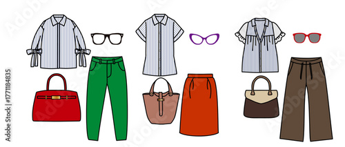 女性のカジュアルファッションセットのイラスト