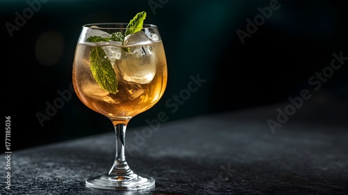 Elegant Cocktail with Mint Leaves and Ice in Wine Glass on Dark Background – Refreshing Summer Drink