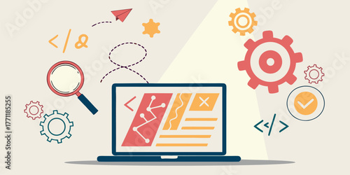 Web Development and Programming Concept Illustration with Laptop and Icons