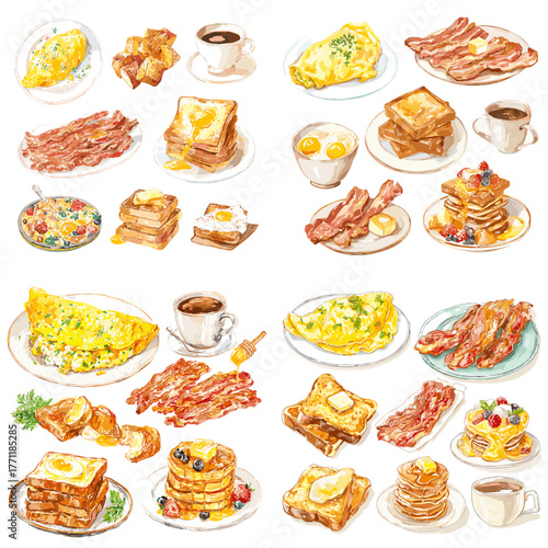 Watercolor illustration set of breakfast foods including bacon, toast, eggs, and coffee. Perfect for cafe menu design, morning meal artwork, and classic restaurant branding.