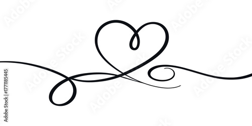 Vector elegant heart shape formed by a continuous black line with decorative swirls on a white background design