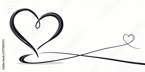 Vector stylized hearts in black and white with a large heart and a small heart connected by a line art design