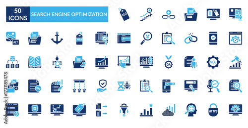 Search Engine Optimization Dual Tone Icon Set. Seo Tag, Search Ranking, Link Building, Meta Description, On Page, Off Page, Page Speed