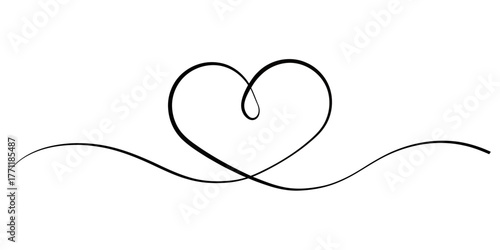 Vector black line drawing of a heart shape with a continuous line on a white background in minimalistic style