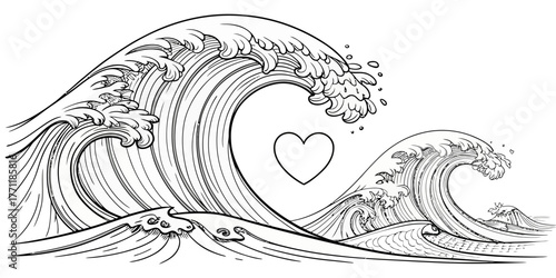 Vector illustration of two large waves with detailed line work and a heart shape in the center space