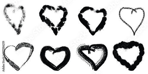 Grunge heart outline set – rough texture love icons, distressed romantic vector, artistic sketch shapes