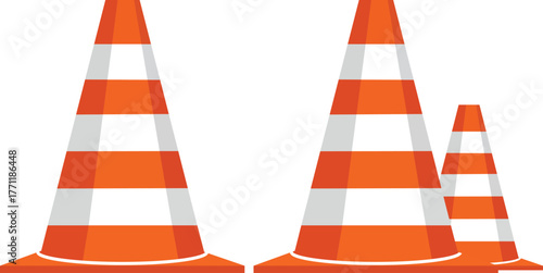 Three orange and white striped traffic cones of varying sizes safety