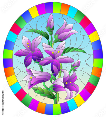 An illustration in the style of a stained glass window with a composition of flowers on a blue background in a frame