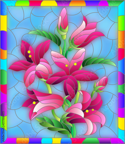 An illustration in the style of a stained glass window with a composition of flowers on a blue background in a frame