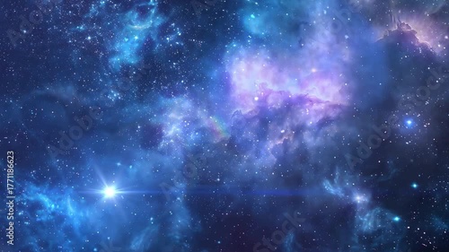 Abstract dark blue space background with bright stars, nebula, and galaxy