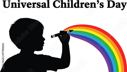 Silhouette of a child drawing a rainbow for universal childrens day celebration of childhood