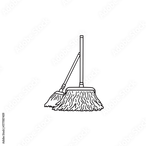 Broom and mop line art cleaning tools