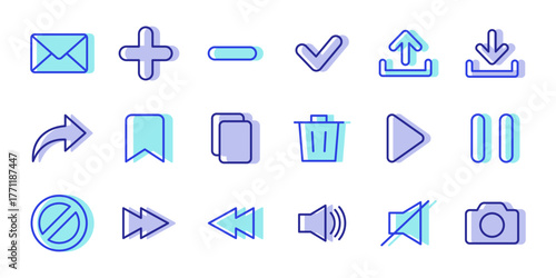 Modern flat colored line icon pack with essential multimedia and interface symbols like email, add, remove, check, upload, play, and camera. Perfect for app, web, and dashboard design.