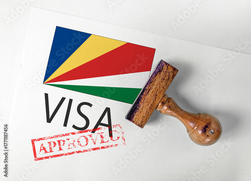 Seychelles Visa Approved with Rubber Stamp and flag
