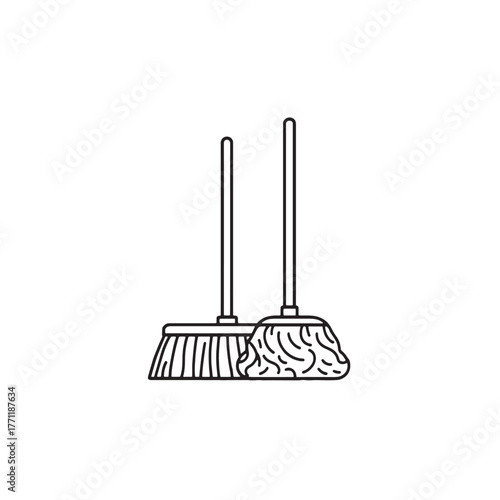 Broom and mop line art daily chores