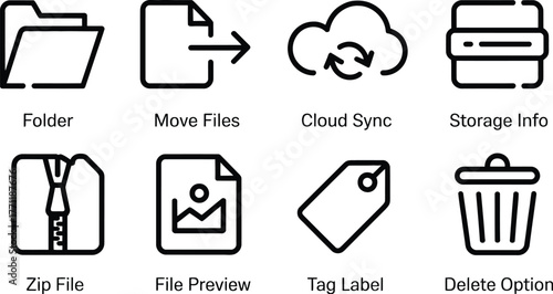 A Set of Eight Minimalist Line Art Icons for Folder, Move Files, Cloud Sync, and Storage Information, and More
