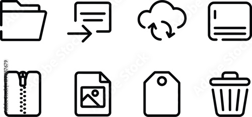 A versatile set of minimalist line icons illustrating essential digital file operations, data organization, cloud services, and storage actions for modern user interfaces
