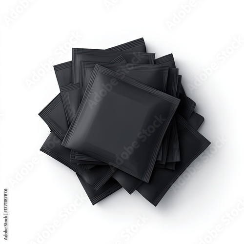 A top-down view of a stack of dark, square, sealed packets against a plain white background