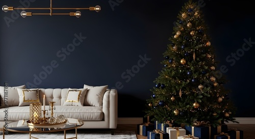 Elegant Christmas interior with decorated tree, cozy sofa, and dark moody wall backdrop.