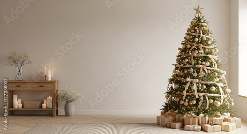Elegant Christmas scene with decorated tree, gifts, and neutral toned cozy interior design.