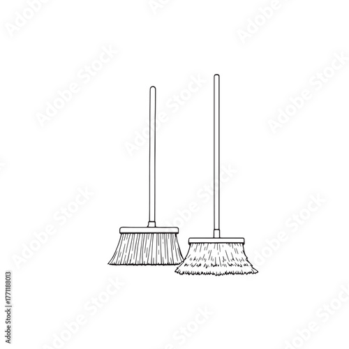 Broom and mop line art simple design