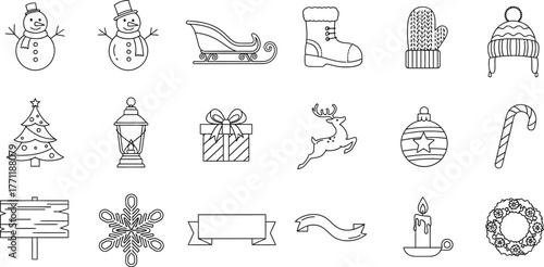 Assorted Christmas and holiday icons set including snowman, Santa, gifts, reindeer, and decorations in line art style
