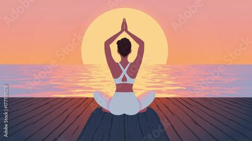 Woman meditating in yoga pose at sunrise by the ocean