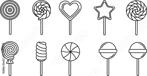 Assorted lollipop line art collection with heart, star, and swirl shapes in black and white