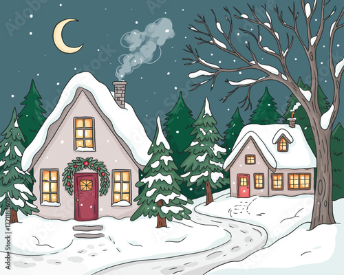 A whimsical winter illustration of two cozy cottages nestled in a snowy forest landscape under a peaceful night sky