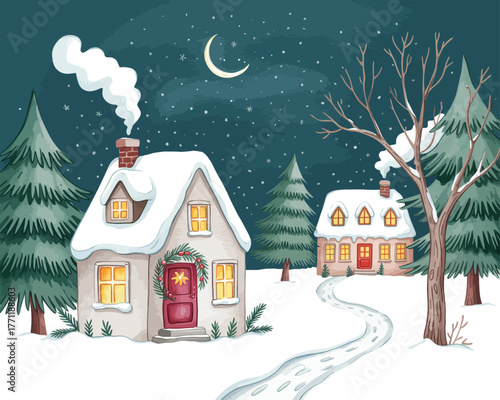 A whimsical winter illustration of two charming snow-covered houses nestled amongst pine trees under a starry night sky, radiating cozy holiday cheer and peaceful tranquility