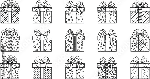 Collection of elegant gift boxes with various ribbons and patterned designs