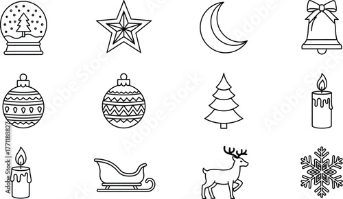 Hand-drawn Christmas and holiday icons set including snow globe, star, moon, bell, bauble, tree, candle, sleigh, reindeer, and snowflake