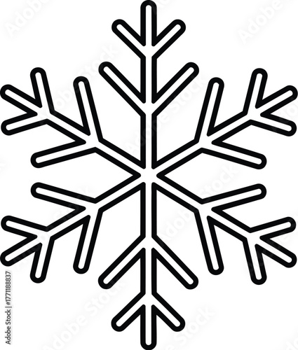 Minimalist snowflake illustration in black and line art with symmetrical design