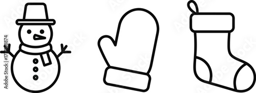 Cute snowman, winter mittens, and Christmas stocking icons in black and line art style