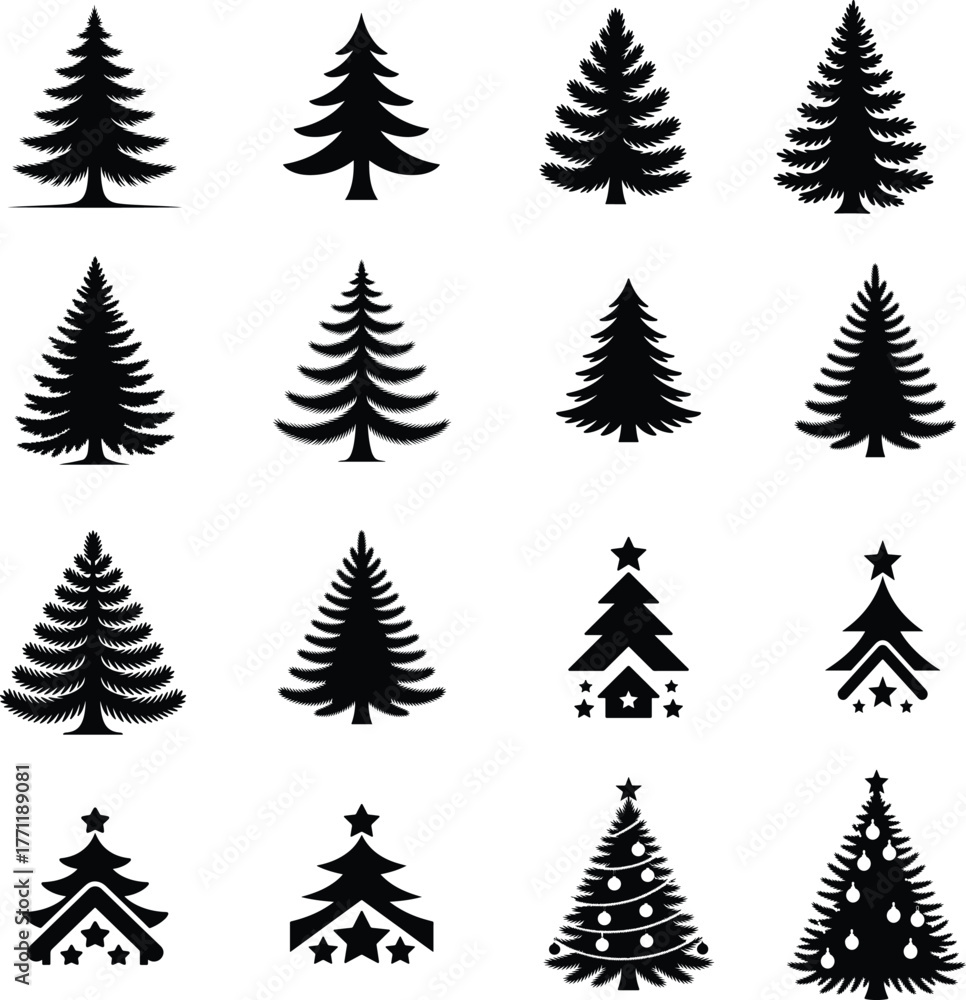 Fototapeta premium A Set of 16 Minimalist Christmas Tree Silhouette Illustrations for Clean Design Aesthetics Pro Vecto Clip Art Black White Tree
