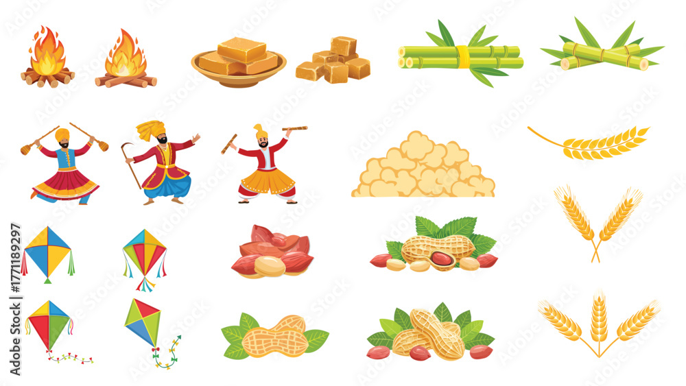 Naklejka premium lohri and makar sankranti full elements: indian traditional festivals pongal clipart Bonfire and Punjabi folk dance jaggery pieces kites peanuts popcorn wheat sugarcane stick vector illustration