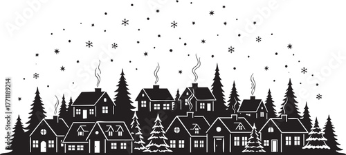 Charming winter village silhouette with falling snowflakes and cozy houses, perfect for holiday greeting cards and seasonal designs, creating a festive mood