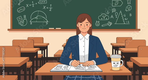 Focused student in classroom with creative chalkboard art and learning environment