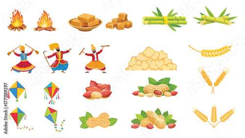 lohri and makar sankranti full elements: indian traditional festivals pongal clipart Bonfire and Punjabi folk dance jaggery pieces kites peanuts popcorn wheat sugarcane stick vector illustration