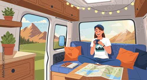 Relaxing van life experience with a young woman enjoying a cozy moment