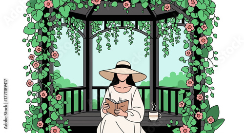Serene moments in a floral gazebo, a girl reading a book with a cup of coffee