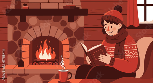 Cartoonish illustration of a cozy winter scene with a person reading near a fireplace