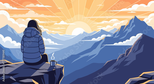 Serene contemplation: Woman enjoying morning coffee amidst mountain vista at sunrise