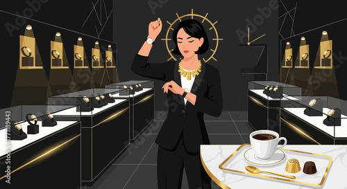 Elegance and Time: A Woman in a Jewelry Store Checking Her Watch Gracefully